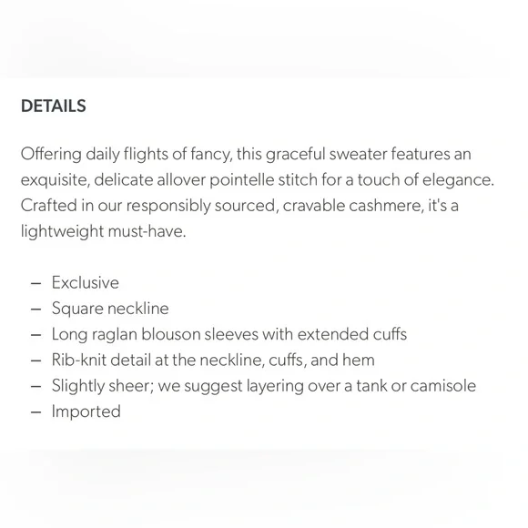 Garnet Hill Cashmere Blouson Sleeve Square Neck Pointelle Teal Sweater - Picture 10 of 11